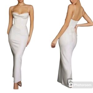 House of CB Charmaine Size X-Small White Satin Large Bust Corset Maxi Dress NWT
